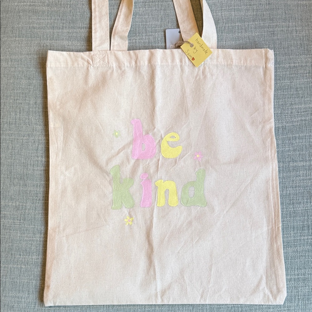Handmade Be Kind Canvas Tote Bag - Cream with Pastel Accents